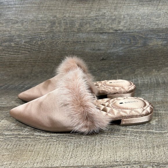 Birdies The Dove Fur Cuff Slip On Slide Slipper French Rose Mules Flats Size 6.5 - Picture 4 of 11